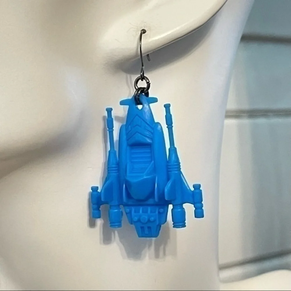 $10 SALE Handmade Blue Fighter Jet Plane Earrings 2.25” Y2K 90s Nostalgia Fun